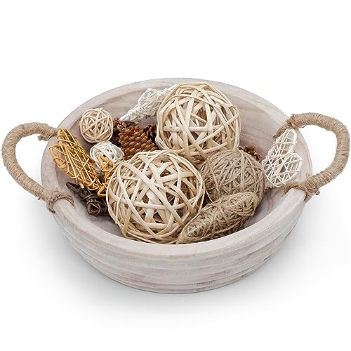 SAMGUYUE Wooden Decorative Bowls, 11.2 Inch Premium Round Serving Bowl with Rope Handles for Home Decor, Round Paulownia Wood Centerpiece Bowl for Coffee Table(Natural)