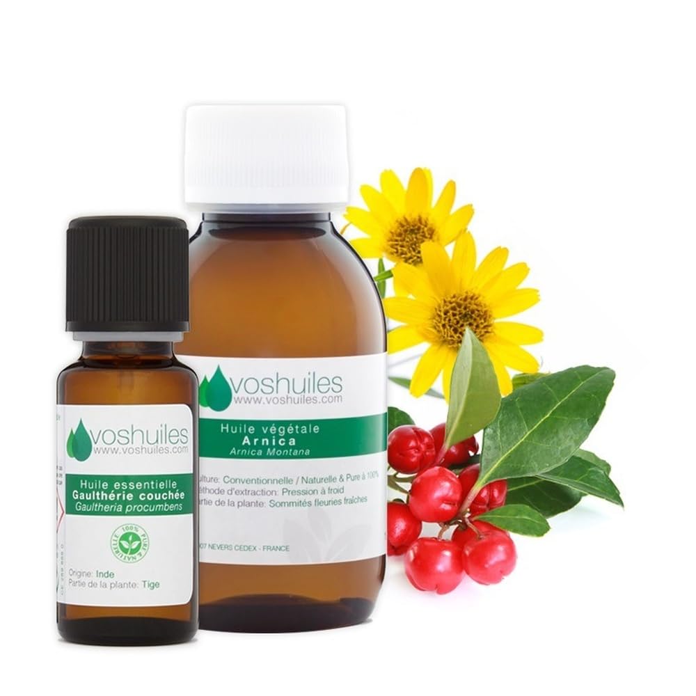 VOSHUILES - Duo Huile Essentielle de Gaulthérie Couchée 10ml et Huile Végétale Neutre de Fleurs d'Arnica 100ml - 100% Pure et Naturelle - Parfum Stimulant - HEBBD