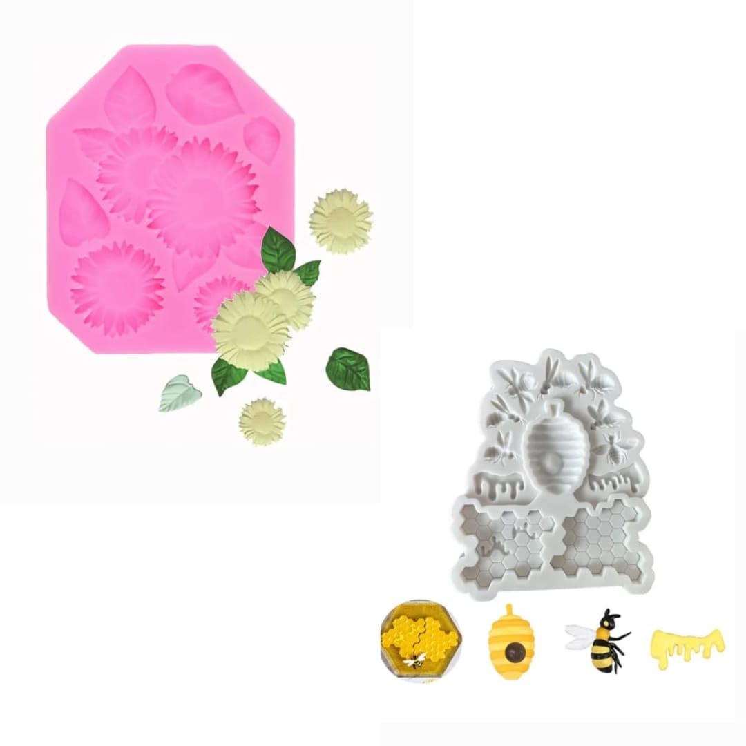 HUSAINI MART | Multicolour Pack of 2 1Honeybee Honeycomb Silicone Mold & 1 Sunflower Flower Mould Fondant Cake Decorating Chocolate Baking Tool Kitchenware for Baby Shower,Queen Bee Birthday