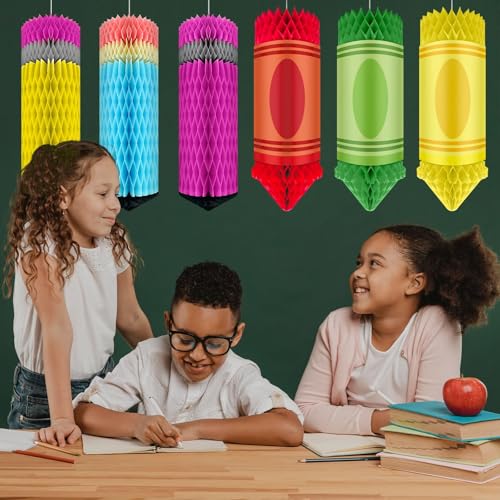 Image of 12PCS Pencil Theme Classroom Decor Preschool Kindergarten Back to School First Day of School Crayon Decor Classroom Hanging Ceiling Decorations Colorful Crayon Honeycomb Decorations
