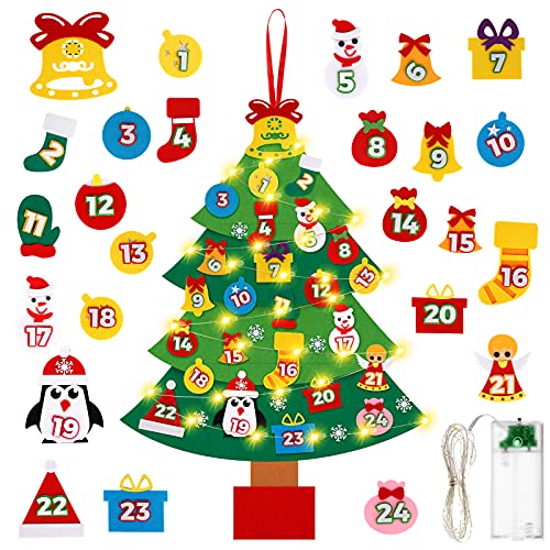 Yodeace Arbol Navidad Fieltro , 100cm Árbol de Navidad de Fieltro con Luces LED y 33 Ornamentos Desmontables Arbol de Navidad Calendario Adviento Fieltro Pared Niños Cover