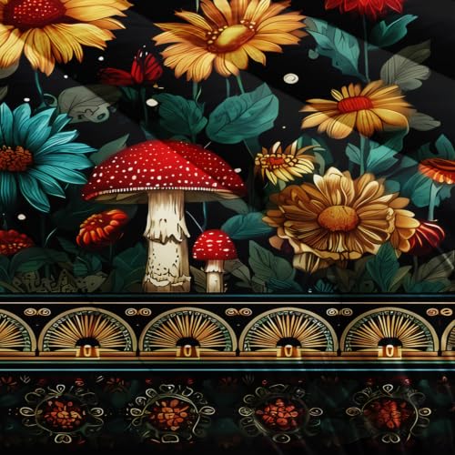 Image of AILONEN Enchanted Forest Queen Comforter Set 3 Piece, Floral Mushroom Bedding Pack, Gerbera Border Star Dot Print, Guest Bedroom, 2 Pillowcases