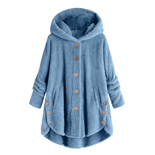 Sudadera con capucha para mujer, con botones, de forro polar, cálida, cómoda, holgada, de manga larga, color liso, para invierno, térmica, suave, adorable abrigo de peluche, 03-azul, 3XL