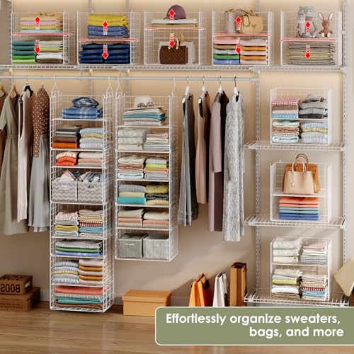 Image of X-cosrack 8-Tier Closet Hanging Organizer Shelf - Hanging Clothes Organizer Shelves, Metal & Foldable Hanging Closet Organizer Baskets with Adjustable Dividers for Clothing Sweaters Shoes Handbags