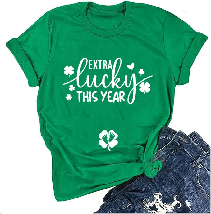 St Patrick's Day Pregnancy Announcement Shirt for Women Extra Lucky This Year Graphic Tee New Mommy Carnival Outfit, Forest Green, M