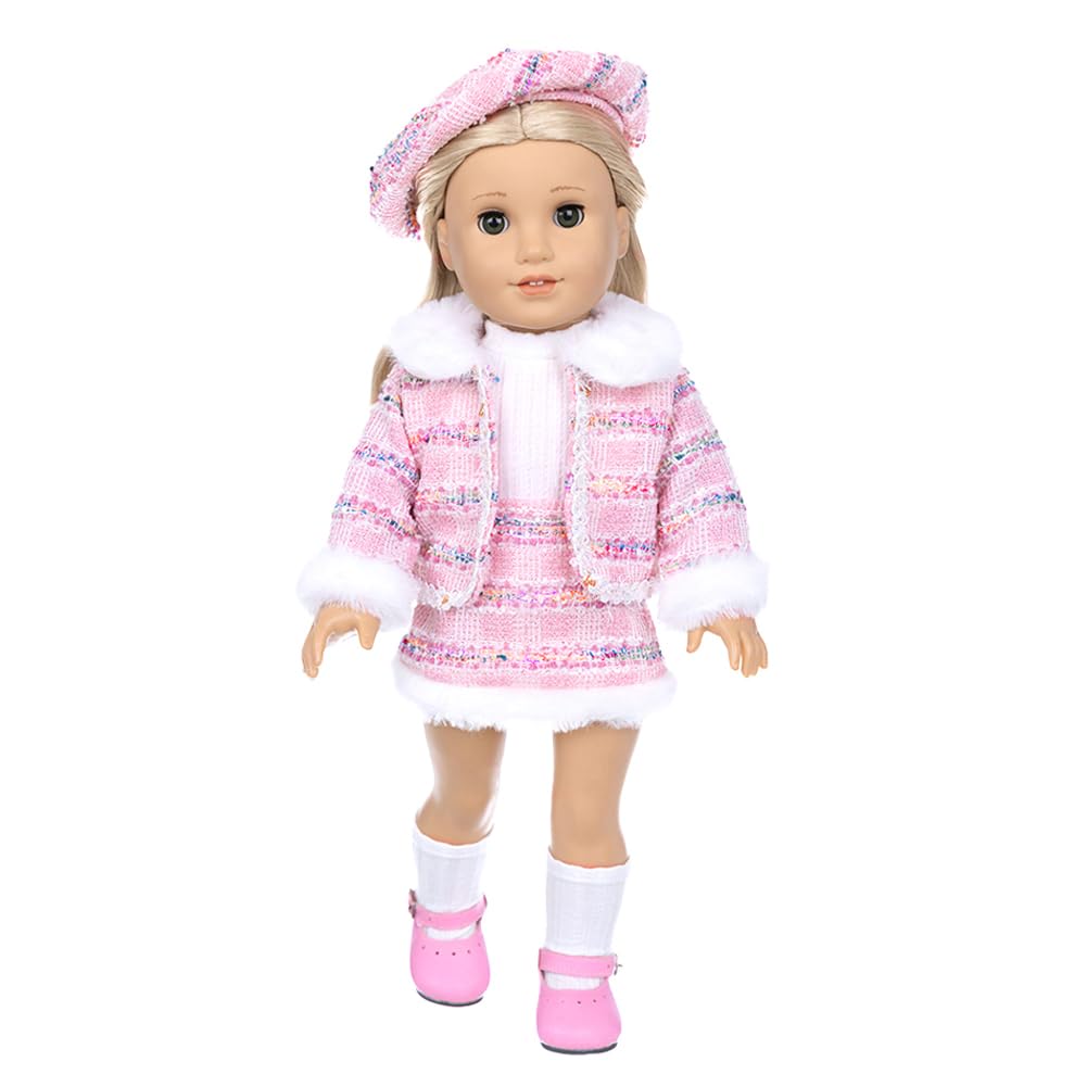 DUORUIMI Doll Clothes Winter Outfit Coat Jacket Skirt Tweed Suit with Beret for American Girl Doll 18 inch (pink)