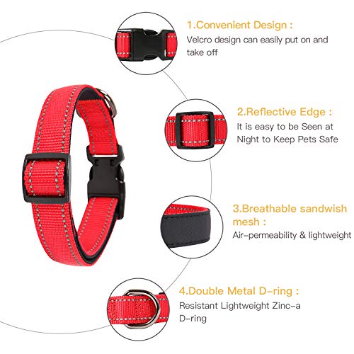 Image of HEELE Dog Collar, Reflective Dog Collar, Soft Neoprene Padded Breathable Nylon Pet Collar Adjustable for Medium Dogs, Red, M(13.38-20.47 inch)