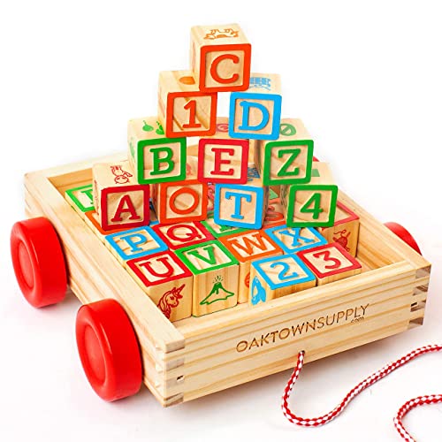 Image of Oaktown Supply Building Blocks for Toddlers 1-3 Years Old, 30 Large Stackable Wooden Baby Blocks with Alphabet and Number Icons on Every Side, Toy Wagon Included﻿