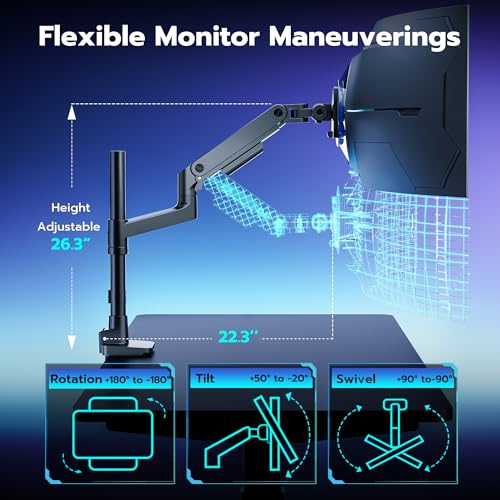 Image of ARES WING Single Monitor Arm Desk Mount for 17-49 Inch Ultrawide Monitors, Heavy Duty Single Monitor Arm Holds 44 lbs, Full Motion Gas Spring Vertical Desk Mount, 75 /100 VESA Mount, Black