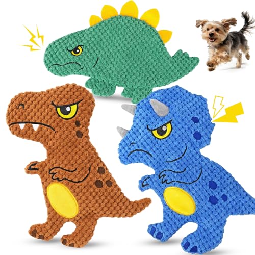 KIPRITII Dinosaur No-Stuffing Dog Squeaky Toys to Keep Dogs Busy 3-Pack Puppy Toys for Interactive Play & Boredom Relief