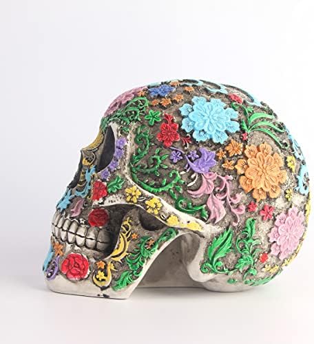 BigTree Life Size Adult Human Skull Bone Realistic Anatomical Flower Head Sculptures Model for Gothic Halloween Party Decoration Mexican Day of the Dead Props Desk Ornament Resin Skeleton Décor