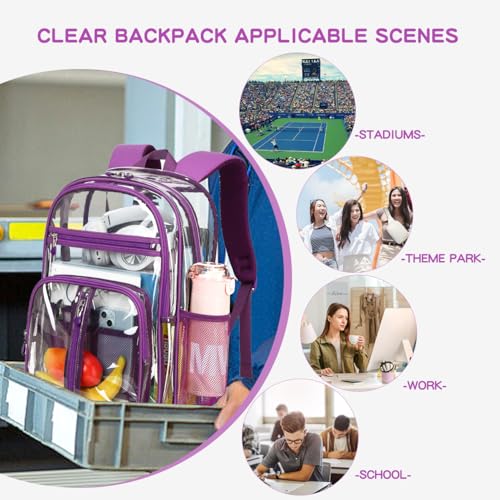Image of Cusangel Large Clear backpack for Girls,16in See Through Heavy Duty Bookbag | Big Capacity Transparent bulk Plastic Bag For Stadiums,School,Warehouses,Concert venues Airport security checkpoints(Purple)