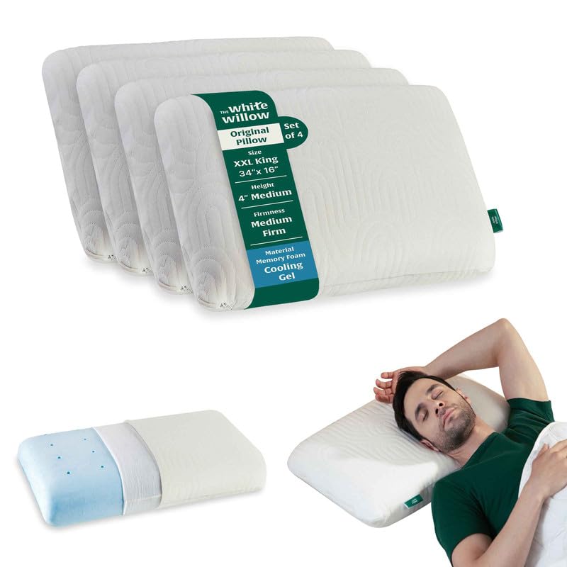 The White Willow Memory Foam PillowSet of 4-Cool Gel PillowForNeck&ShoulderPain-CervicalPillow For Sleeping-Orthopedic Pillow For Back,Side&Stomach Sleeper-Medium Firm-XXL King Size-4"H-Classic White