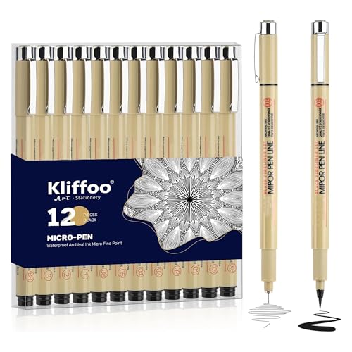 Image of KLIFFOO Micro Fineliner Drawing Art Pens,12pcs Fine Point Waterproof Archival Black Ink Marker for Artists,Writing,Manga,Sketching,Zentangle & Outlining,Tip Size 0.2mm-3mm (12pcs Fine Point Pens)