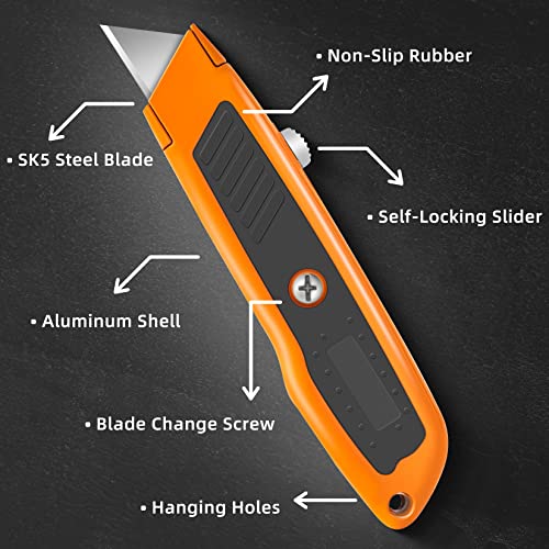 Diyself 2 Pack Utility Knife, Heavy Duty Box Cutter Retractable Knife, Aluminum Alloy & Rubber Handle, Razor Knife Carpet Cutter, Box Opener For Warehouse, Shop, Box Knife Cardboard Cutter (Orange) #TOP4