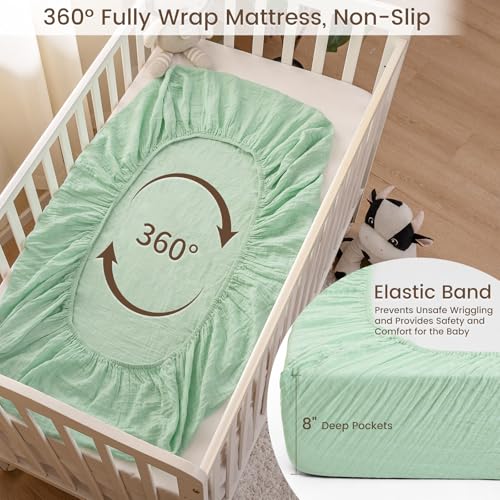 Image of david's kids Muslin Crib Sheets for Boys Girls, 2 Pack 100% Cotton Soft Breathable Fitted Baby Sheet Set, 28x52 Inch Fits Standard Crib and Toddler Mattresses, Beige & Green