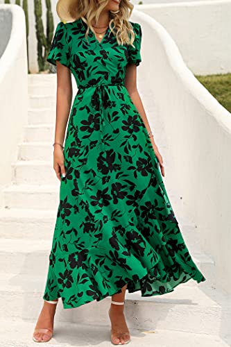 Image of PRETTYGARDEN Women's Summer Wrap Maxi Dress Casual Boho Floral V Neck Short Sleeve Ruffle Hem Split Beach Long Dresses