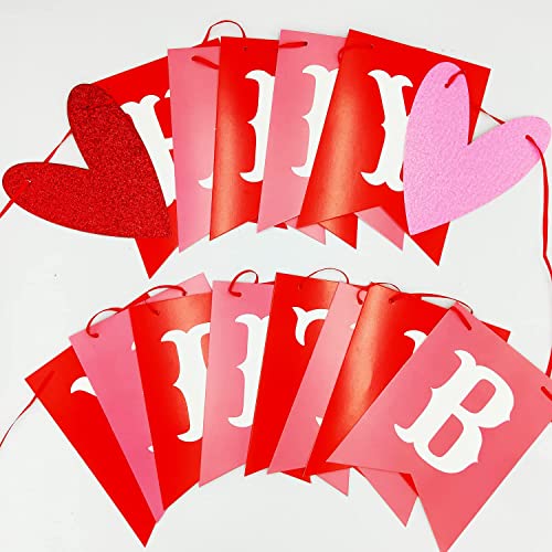 Image of FestikoHappy Birthday Banner for Valentine's Day Red Pink Valentine's Day Themed Birthday Banner with Glitter Heart Signs Valentines Birthday Paper Banner for Home Wall Party Decorations Supplies