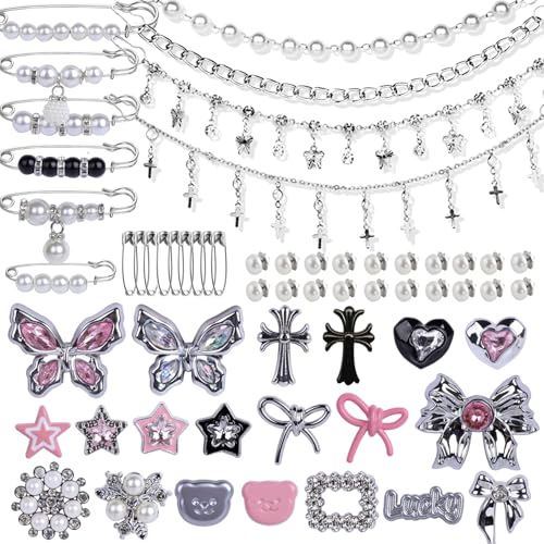 62pcs Silver Set Sock Charm Set, Safety Pin Brooch, Rhinestone, Pearl, Button Charms for Socks, Shoes, Clothing Accessories