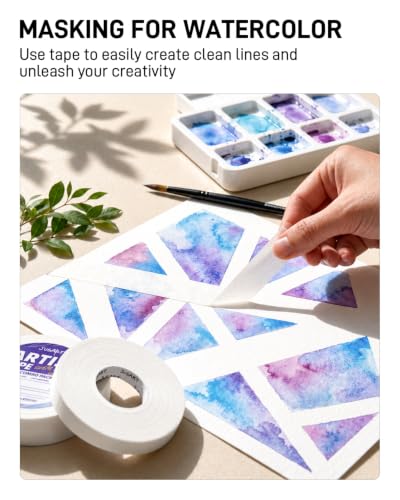 Image of JusArt 2 Packs Artist Tape for Watercolor Paper, 1 /2 inch and 1 inch Wide Total 400FT Long, White Art Tape for Masking, Drafting and Painting, Acid Free, Low Tack