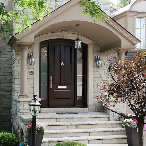 Image of JYZ Dusk to Dawn Outdoor Wall Lantern, Craftsman Style Exterior Sconce Light with Water Ripple Glass, Traditional Porch Light Fixture Wall Mount Lamp for Front Porch Doorway Garage Patio Garden 14''