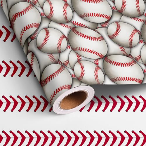 Altarho Reversible Baseball Wrapping Paper Roll For Boys Girls Men Women - Sports Ball and Baseball Texture Gift Wrap Sheets for Birthday Party Fathers Day Wrapping Supplies