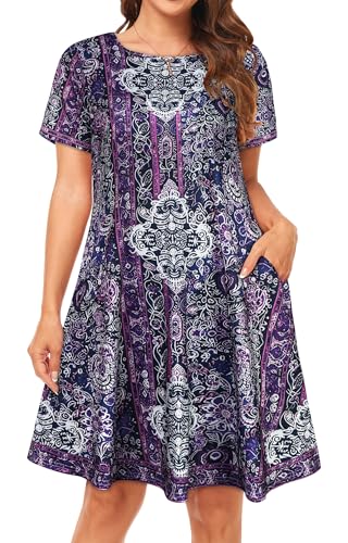 Image of Womens Summer Dresses Beach Casual Loose Tshirt Floral Short Sleeve Flowy Pockets Sundresses 2026