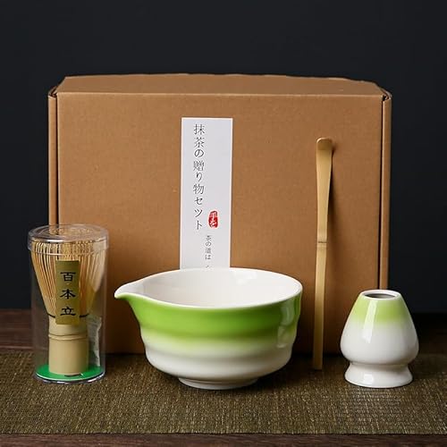 4 pcs Matcha Tea Set - Elegant Kit With Ceramic Bowl With Spout and Whisk Holder, Bamboo Whisk and Scoop for Japanese Tea Ceremony