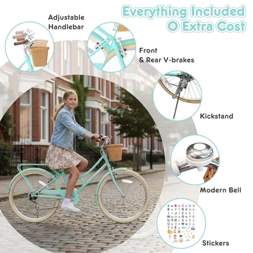 Image of XJD 20 24 26 Inch Girls Bike, 7-Speed Beach Cruiser Bike for Girls Youth and Over 6 Years Old, Kids Bicycles with Dual V-Brakes Rear Rack & Wicker Basket