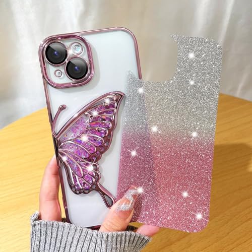 Image of SHINESTAR 3D Butterfly Case for iPhone 15 Cover, Cute Girly Glitter Bling Luxury Back Cover for Women Girls Protective Shockproof Slim Camera Protection for iPhone 15 - Pink