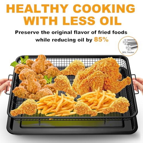 Image of DONGULI Air Fryer Basket Oven - 2 Set Large Air Fryer Basket and Tray Stainless Steel Oven Air Fryer Rack Pan Accessories for Baking (L-2 Pack-Black-15.7 inchx11.8 inch)