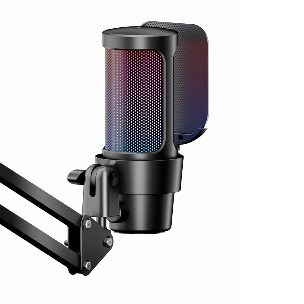HUIOP Mikrofon do gier, zestaw mikrofonów do gier USB do komputera, oświetlenie RGB, tryb kardioidalny, przycisk wyciszenia i szybkiego wzmocnienia z uchwytem na kijek do gier/spotkań / transmisji