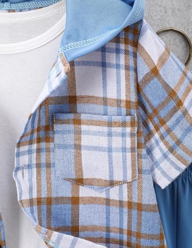 Image of Boys Clothes Shorts Sets Plaid Short Sleeve Hooded Button Shirt and Jogger Shorts for Kids Summer Outfits