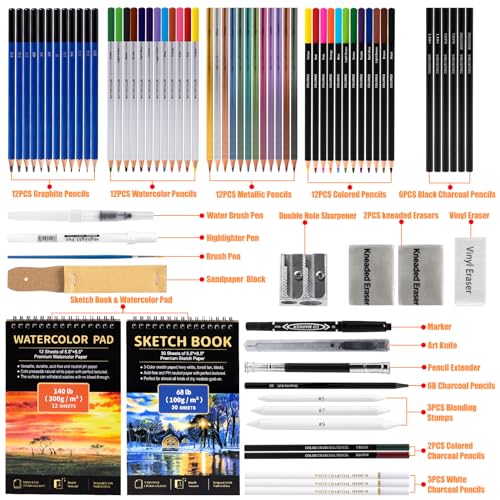 Art-Supplies-Drawing-Pencils-Set-76-Pack-Pro-Sketching-Kit-with-Sketchbook-Watercolor-Pad-Includes-Graphite-Charcoal-Watercolor-Metallic-Pencils-for-Kids-Teens-Adults