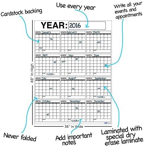 Miniatura 4 de El mejor planificador y organizador de calendario de pared de borrado en seco de 12 meses, 3 x 4 pies, laminado vertical, borrado en seco o húmedo