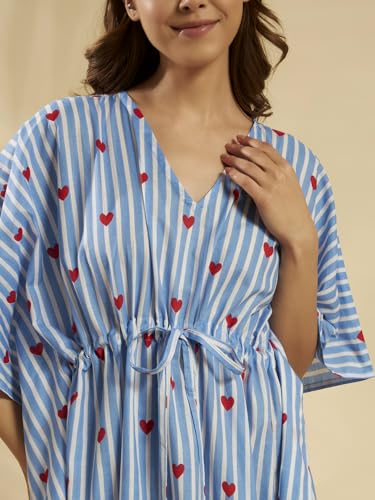 Image of Ravaiyaa Women Printed Cotton V-Neck Knee Length Kaftan Dress Nighty