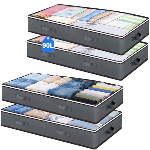 Budding Joy 4 Stück 90L Unterbettkommode, Aufbewahrungsbox mit Deckel Faltbare Unterbett Aufbewahrungsbox für Kleidung, Bettdecken und Bettwäsche, Grau