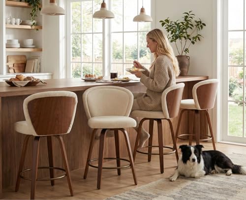 Image of HNY Swivel Counter Height Bar Stools Set of 4, 26 Inch Barstools with Walnut Wooden Leg and Back, Modern Linen Upholstered Counter Stools for Kitchen Island, Beige