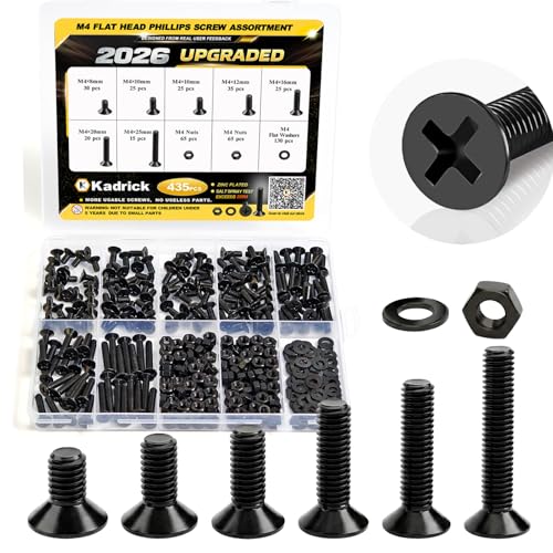 Image of KADRICK 435Pcs M4 Countersunk Screws,M4 Flat Head Screws,Phillips Bolts Nuts Washers Assortment Kit,Zinc Plated,Lenth of 8MM-25MM