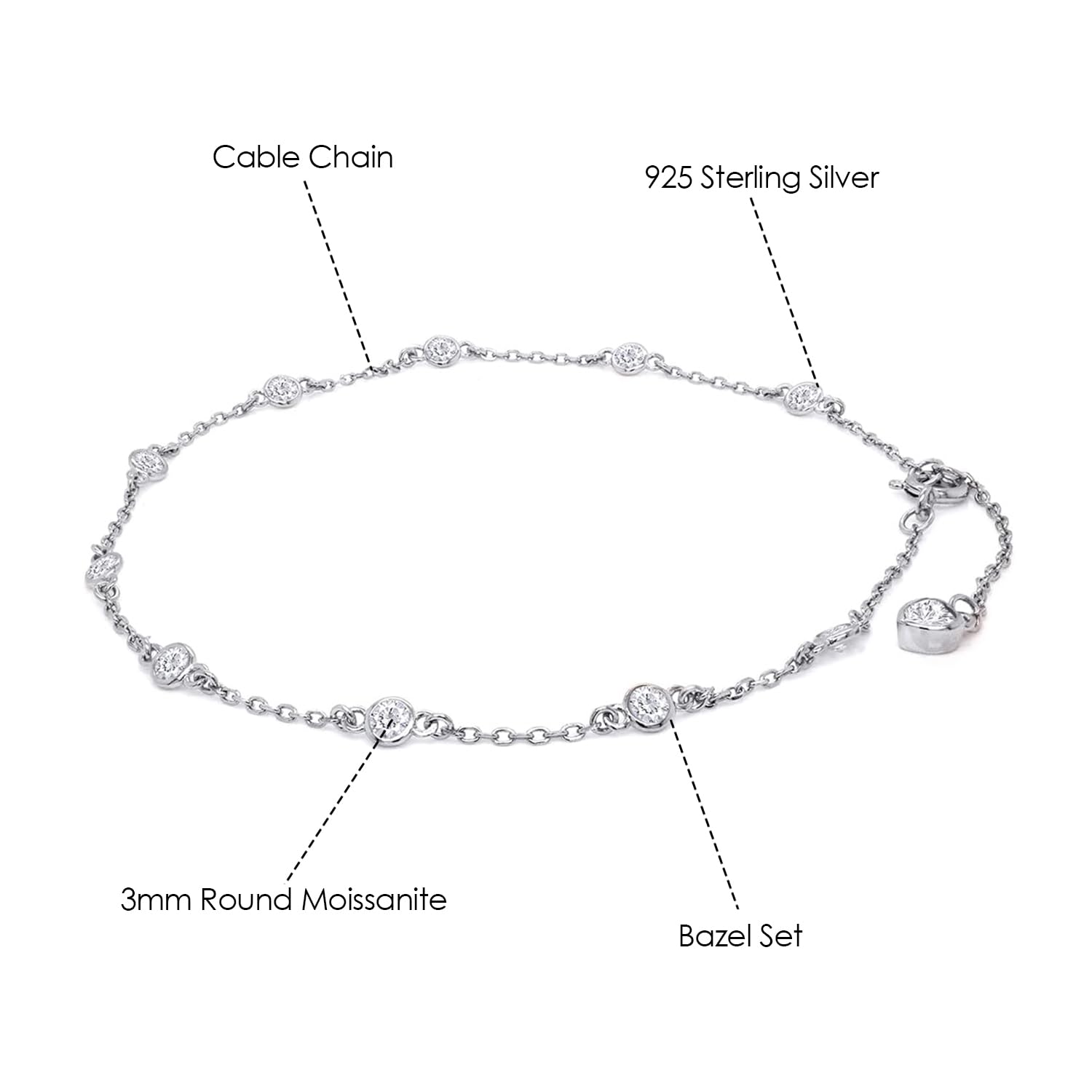 Station Anklet Bracelet For Women 3MM Round Lab Created Moissanite Bezel Set Single Piece Dainty Link Chain Anklet in 14K Gold Plated 925 Sterling Silver 8" to 10" Fine Jewelry Gift for Her: A1 : White Gold 8.0 Inches