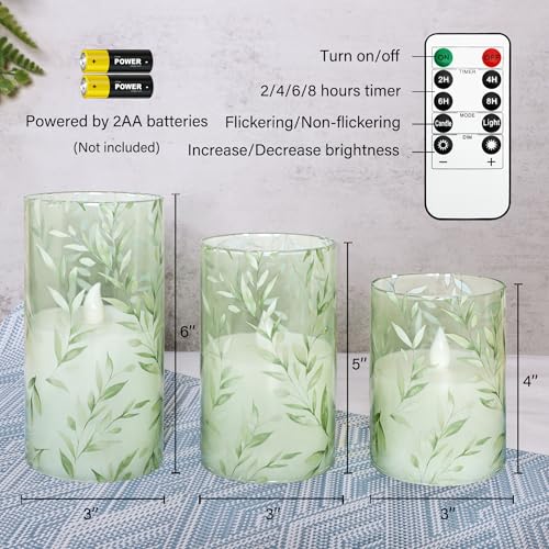 Image of Green Flameless Candles with Remote Control - Willow Leaf Design Battery Operated Candles - Elegant Home Christmas Spring Summer Decor Set of 3