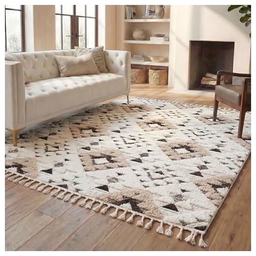 SAFAVIEH Moroccan Tassel Shag Collection 8' x 10' Ivory / Brown MTS688A Boho Non-Shedding Living Room Bedroom Dining Room Entryway Plush 2-inch Thick Area Rug