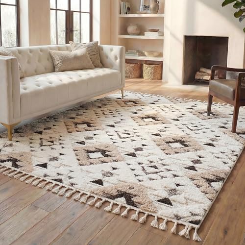 SAFAVIEH Area Rug 8x10 - Moroccan Tassel Shag Collection - Large - Ivory & Brown, Non-Shedding & Easy to Clean, Plush High-Low Texture, Ideal for Living Room, Bedroom, Dining Space (MTS688A)
