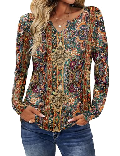 Zeagoo Womens Long Sleeve V Neck Shirts Dressy Casual Tops Vintage Ethnic Blouse Business Work Tunic School Outfits XXL4