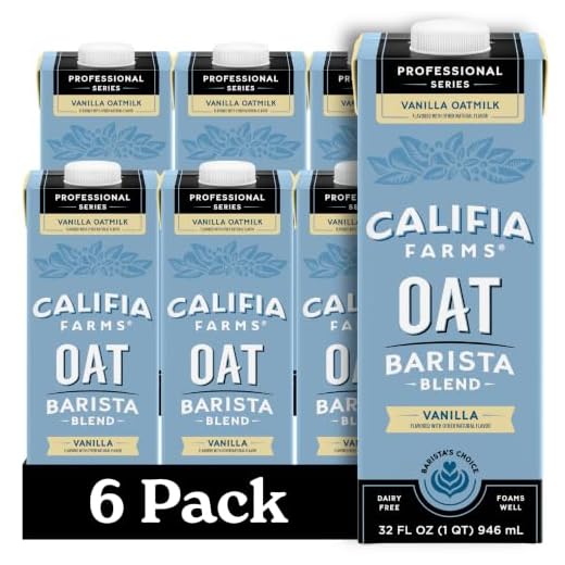Califia Farms – Vanilla Oat Barista Blend Oat Milk, 32 Oz (Pack of 6), Shelf Stable, Dairy Free, Plant Based, Vegan, Gluten Free, Non GMO, Milk Frother, Creamer, Blue