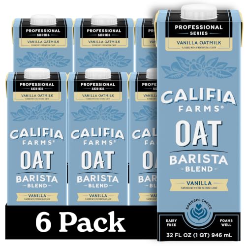 Califia Farms – Vanilla Oat Barista Blend Oat Milk, 32 Oz (Pack of 6), Shelf Stable, Dairy Free, Plant Based, Vegan, Gluten Free, Non GMO, Milk Frother, Creamer, Blue