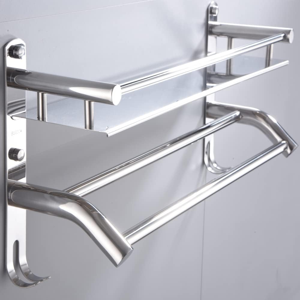 Bathroom Shelf with Towel Bar Stainess Steel Rail Towel Racks for Bathroom Shower Shelf Shower Storage Thicken Polished Stainless Steel Wall Mounted Square Style 16 Inch (16 in, Silver)