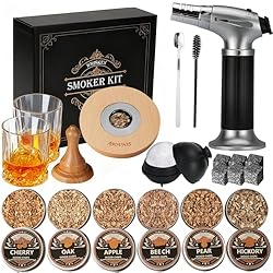 Whiskey Smoker Kit with Torch - 6 Flavors Wood Chips, 2 Glasses, 6 Stones, Cocktail Smoker Infuser Kit, Old Fashioned Drink, Birthday Bourbon Whiskey Gifts for Men, Dad(No Butane)