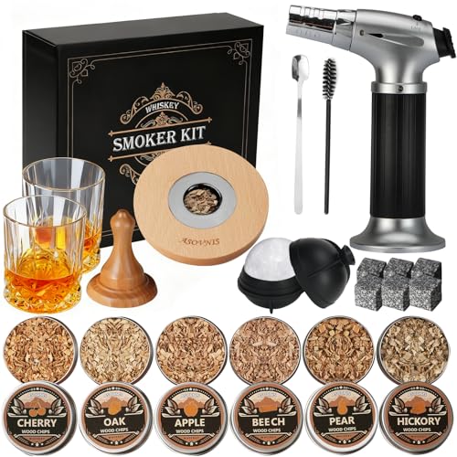 Whiskey Smoker Kit with Torch - 6 Flavors Wood Chips, 2 Glasses, 6 Stones, Cocktail Smoker Infuser Kit, Old Fashioned Drink, Birthday Bourbon Whiskey Gifts for Men, Dad(No Butane) (oak)