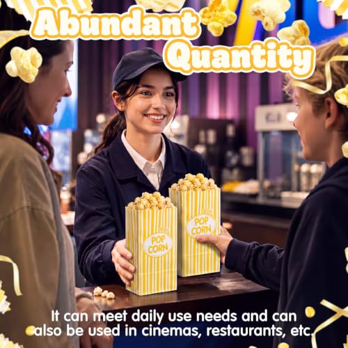 Image of Potchen 200 Pcs Paper Popcorn Bags Bulk 2 oz Large Individual Serving Popcorn Bag Flat Bottom Disposable Container Vintage for Movie Night Themed Summer Back to School Party Carnival (Yellow)